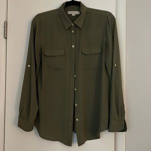 Army Green Chiffon Camp Shirt with Roll-up Sleeves